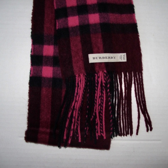 Burberry Scarf Rare Raspberry Cashmere Plaid Skinny Long Fringe made in Scotland - Picture 3 of 5